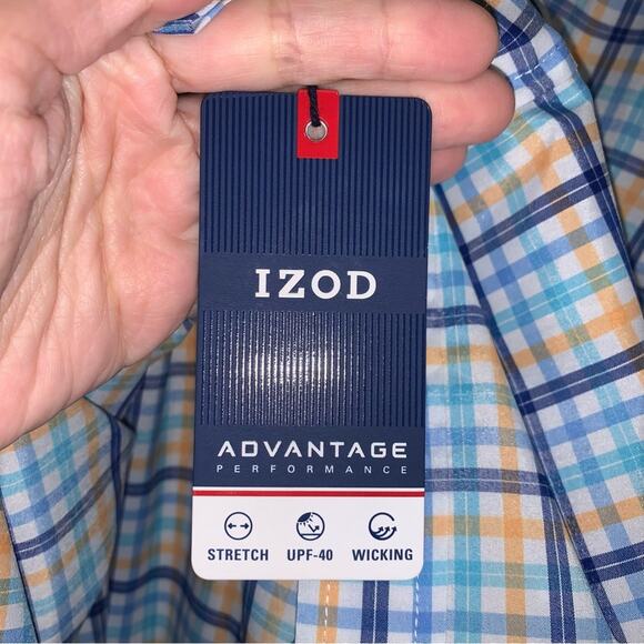 IZOD Blue Plaid Advantage Performance Short Sleeve Button Down Shirt - Picture 5 of 8